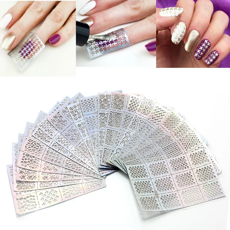 

YiZhiXiu 5 Sheet Irregular Hollow Pattern Manicure Guide Template Nail Art 3D Transfer Guide Stencil Stickers DIY Decals Silver