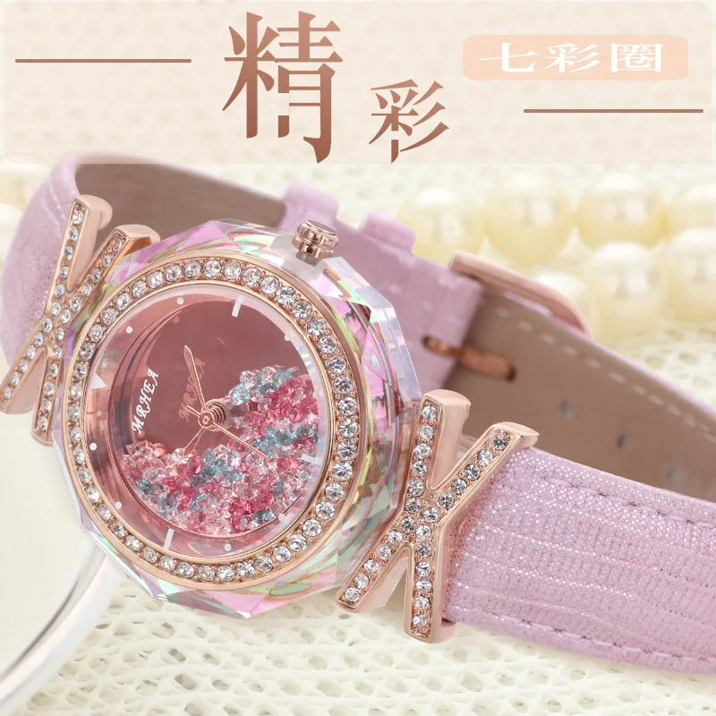 Модные часы с розовыми кристаллами, женские часы с цирконием, корейские персональные кожаные часы для отдыха, женские часы с ремешком