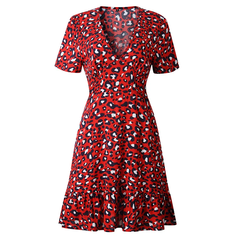 Forefair Print Leopard Dress sexy women short sleeve v neck Ruffle high waist Hem mini a line casual summer dress 2019 vestidos (1)