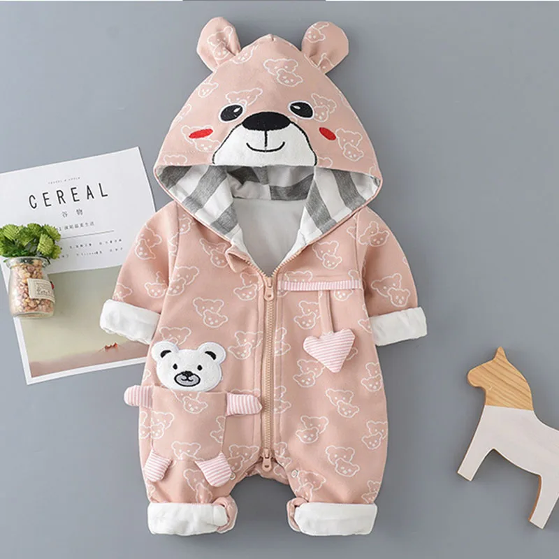 

Cute Winter Newborn baby Rompers Cotton Plush Warm Long Sleeved Clothes baby girl boy jumpsuit Cartoon Bear hooded Clothing