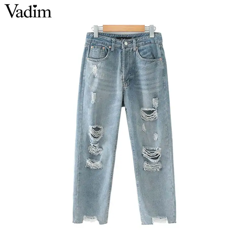 

Vadim women stylish denim ankle length jeans holes pockets zipper fly design trousers straight female fashion pants KA934