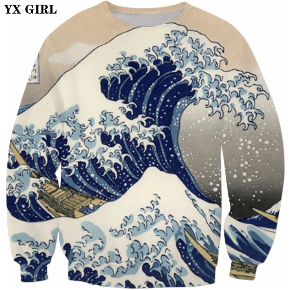 

YX GIRL Drop shipping 2018 New Fashion Mens 3d sweatshirt Great Wave off Kanagawa Printed Sweatshirt Crewneck Pullovers