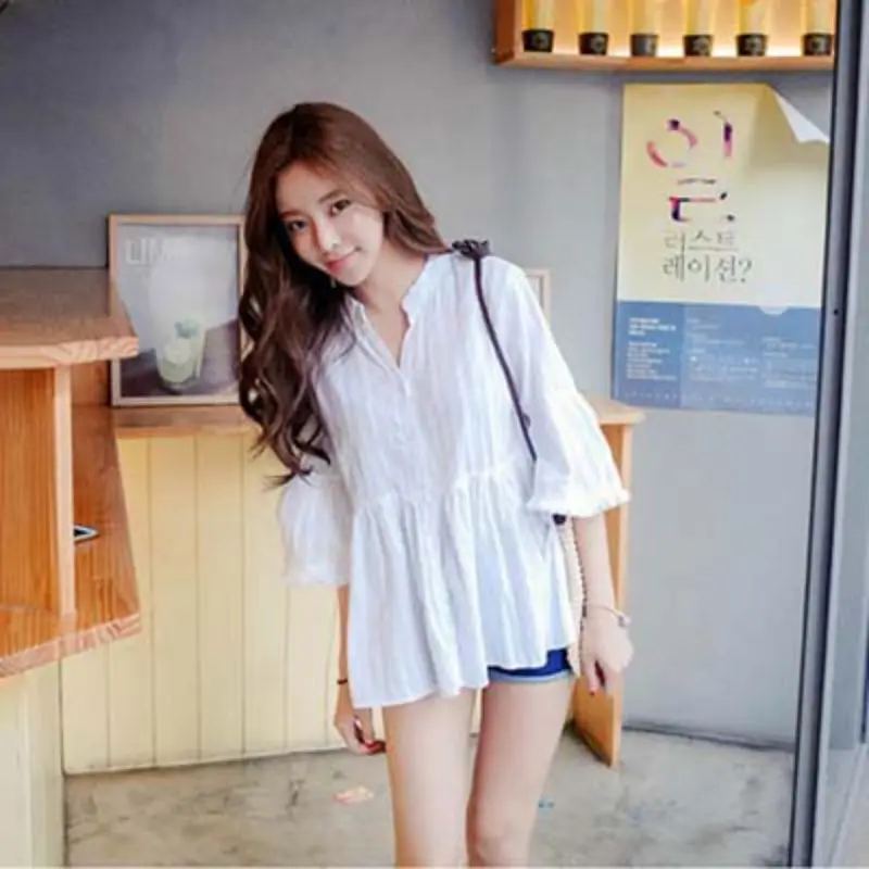

Women Fashion Flare Sleeve V Neck Blouse Korean White Lace Ruffle Tops Ladies Elegant Office Shirts Camisas Mujer 2019 Summer