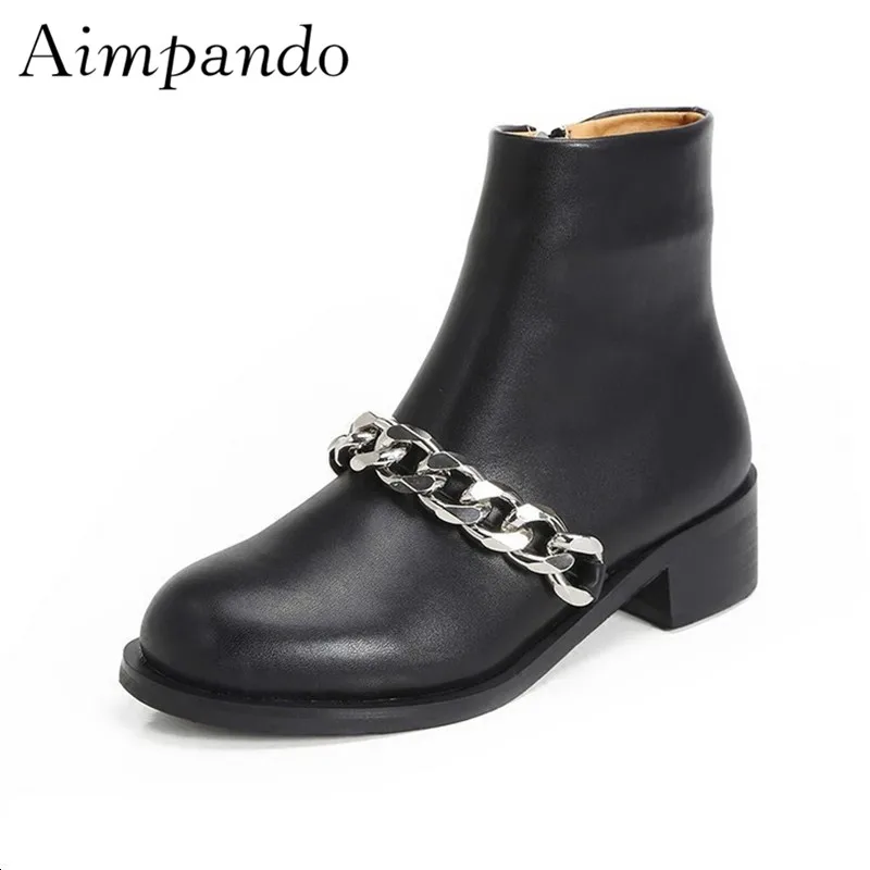 

Metal Chains Martin Boots Autumn Winter New Round Toes Side Zipper Black Leather Fashion Runway Botas Mujer