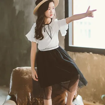 

Teens Clothing Set For Girls Kids Skirts And Tops Ruffles Patchwork White Tops And Black Mesh Skirt 2 Pieces Little Girl Outfits