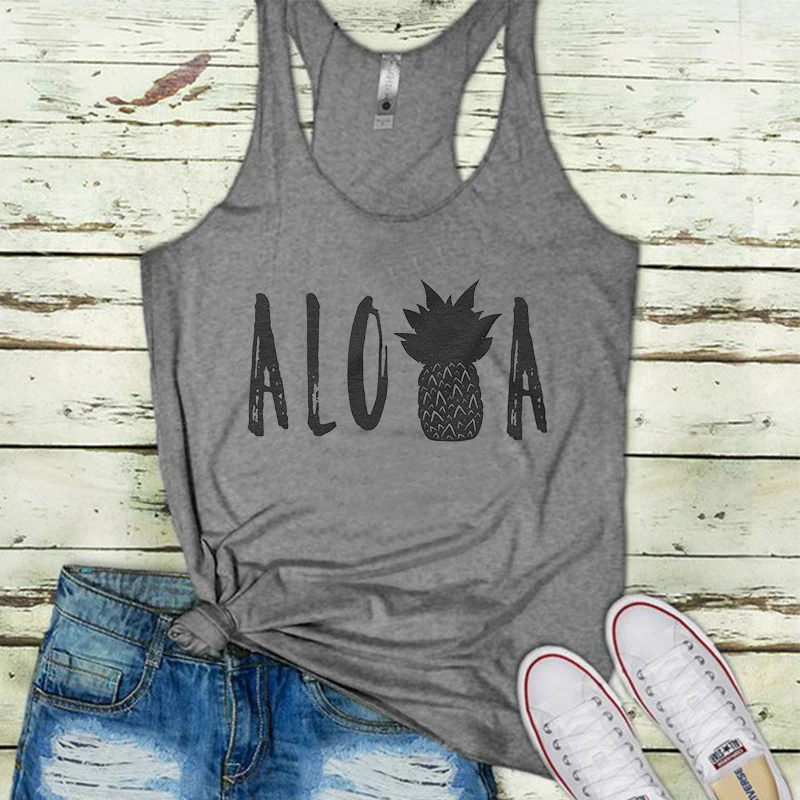 

aloha beach tanks pineapple white tops street style plus size sexy hakuna moscato tank vacay ally day top mama summer 2019