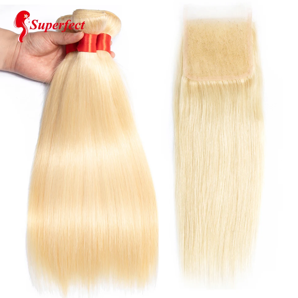 

613 Bundles With Closure Peruvian Straight Hair Bundles With Closure Platinum Blonde Bundles With Closure Remy Superfect Hair