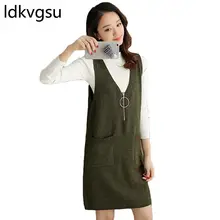 Вязаное платье Весна Женский вязаный жилет свободный длинный пуловер свитер женское платье без рукавов с v-образным вырезом Элегантное повседневное платье f097