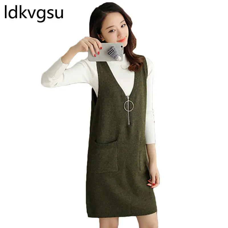 

Knit Dress Spring 2019 Women Knitted Vest Loose Long Pullover Sweater Women V-neck Sleeveless Dress Elegant Casual Vestidos f097