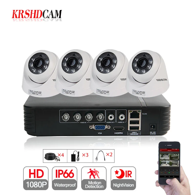 KRSHDCAM 4CH AHD видеонаблюдения DVR Системы 20 м ИК 2 шт. 1080 P CCTV Камера Купол Крытый дома