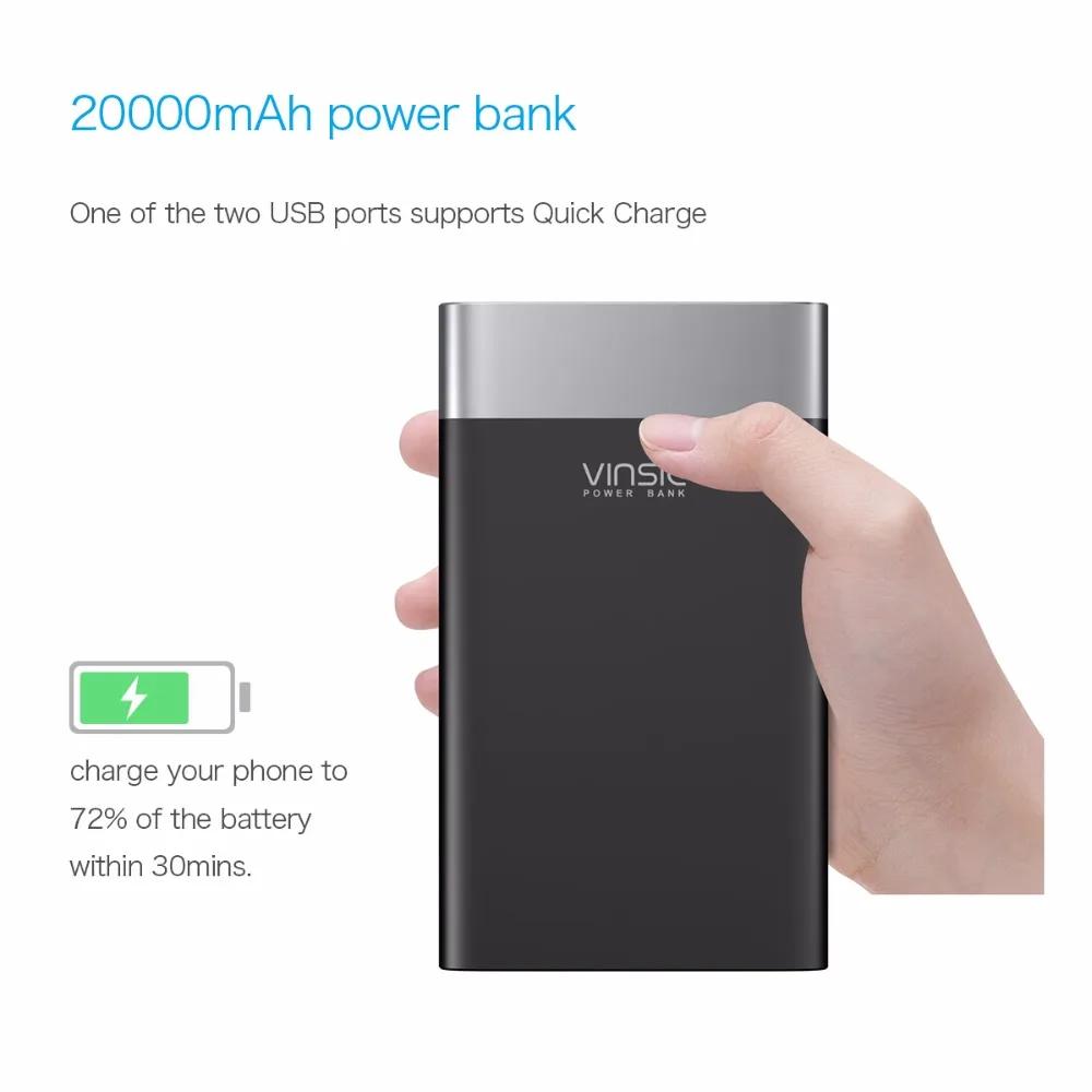 Vinsic 20000 мАч Внешний аккумулятор Quick Charge 3,0 Двусторонняя Быстрая зарядка type-C Dual USB зарядное устройство для iPhone X 8 8 Plus Xiaomi