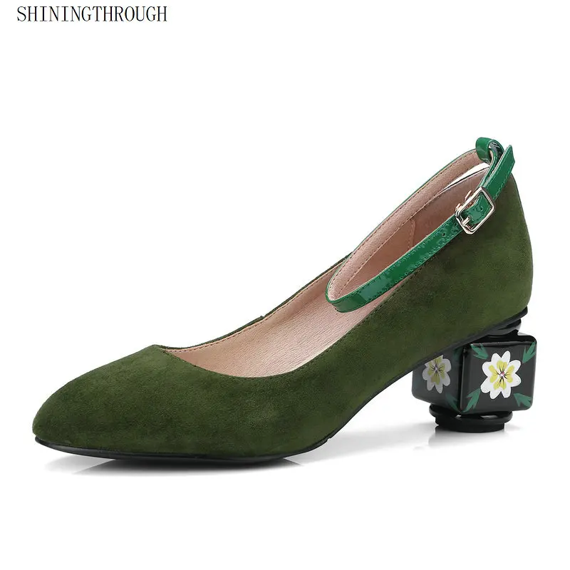

ankle strap buckle wedding shoes women flower strange heel women's genuine leather shoes pumps velvet mary jane