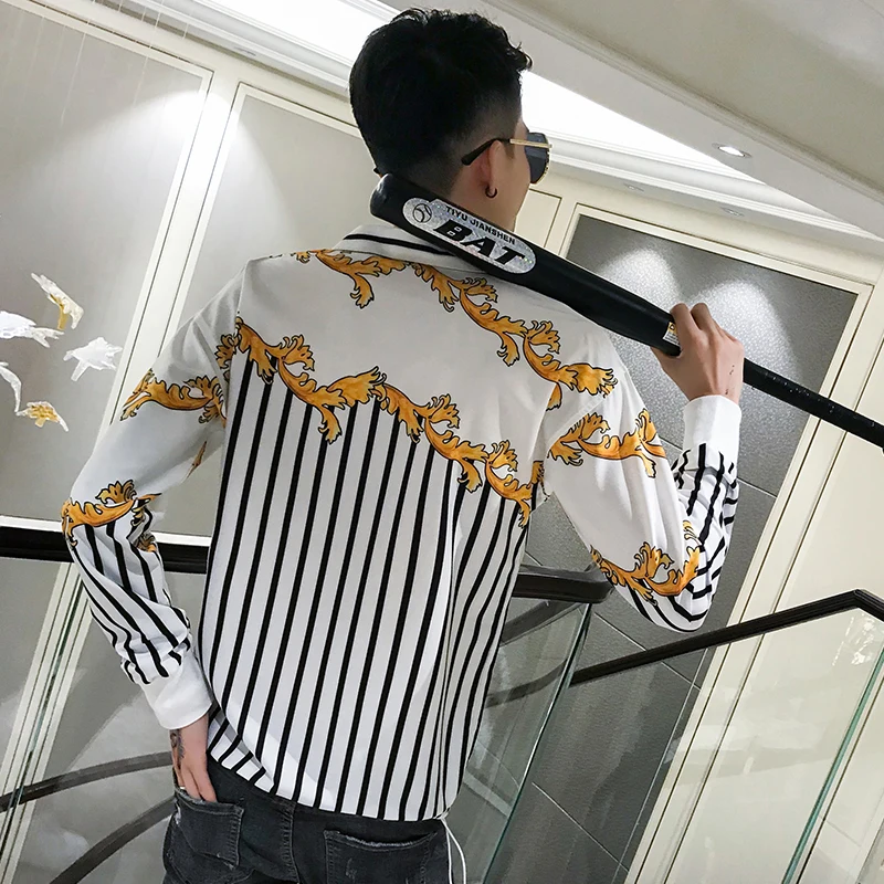 

Autumn Pullover Shirt Men Fashion 2019 Spliced Striped Shirts For Men Loose Long Sleeve Casual Men Floral Shirt Club Tuxedo 3XL