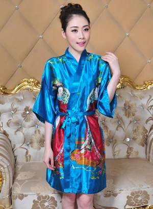 Китайский Для женщин роспись шелковые банный халат ночная рубашка, юката костюм, накидка, Восточный халат, халат с поясом, пери один размер WR0026 - Цвет: lakeblue