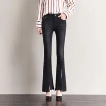 Для женщин передняя вилка письмо украшения джинсы Flare Брюки Офисные женские туфли Брюки на весну и осень Большой размер 40