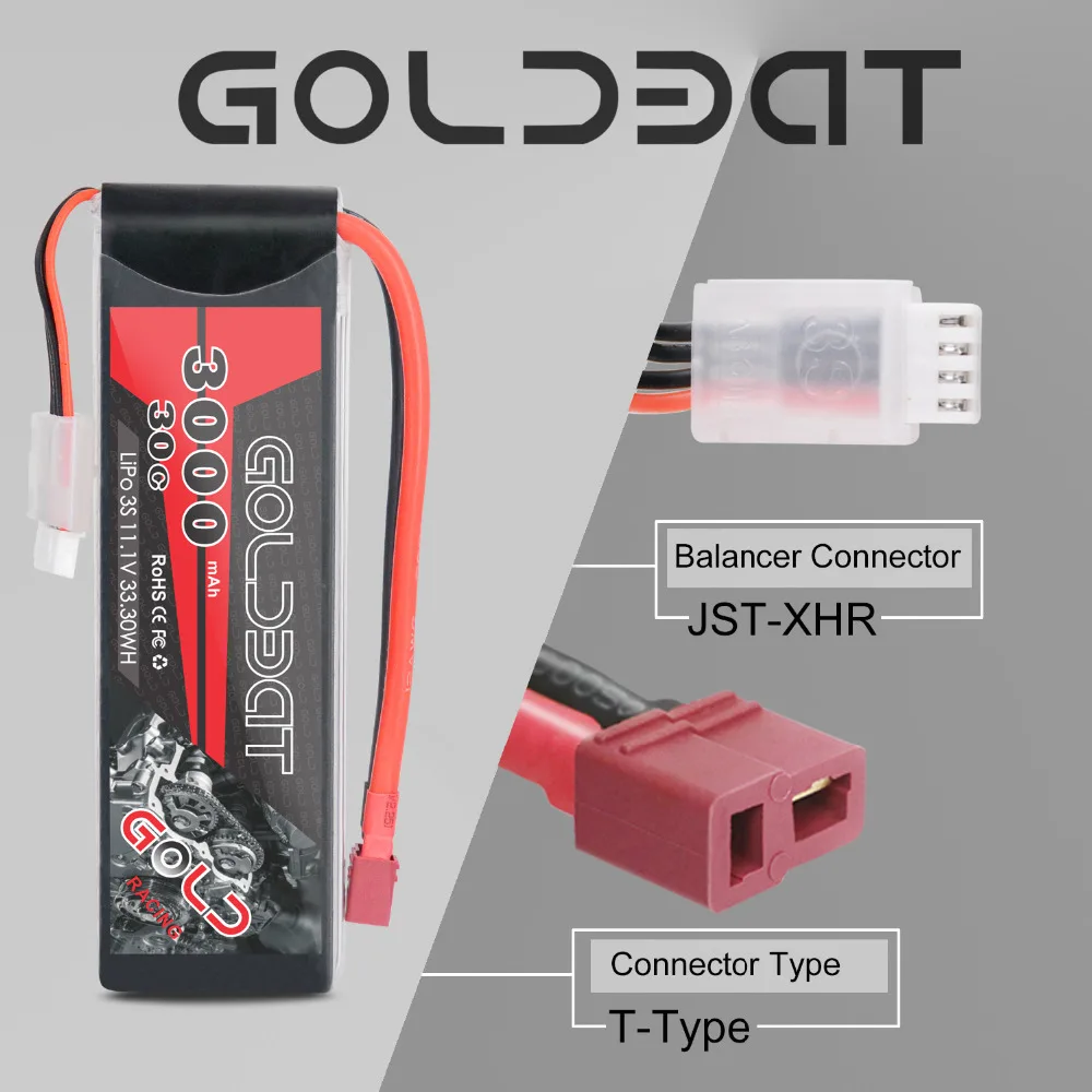 2 единицы GOLDBAT 3000mAh RC LiPo батарея 11,1 V 3S LiPo батарея для rc LiPo 3000mah lipo 30C с t-разъемом для RC Heli дрона автомобиля лодки