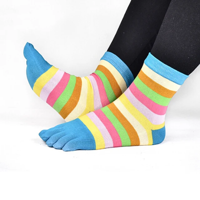 Women's Five Finger Socks Colorful Stripped Cotton 5 Toe Socks for