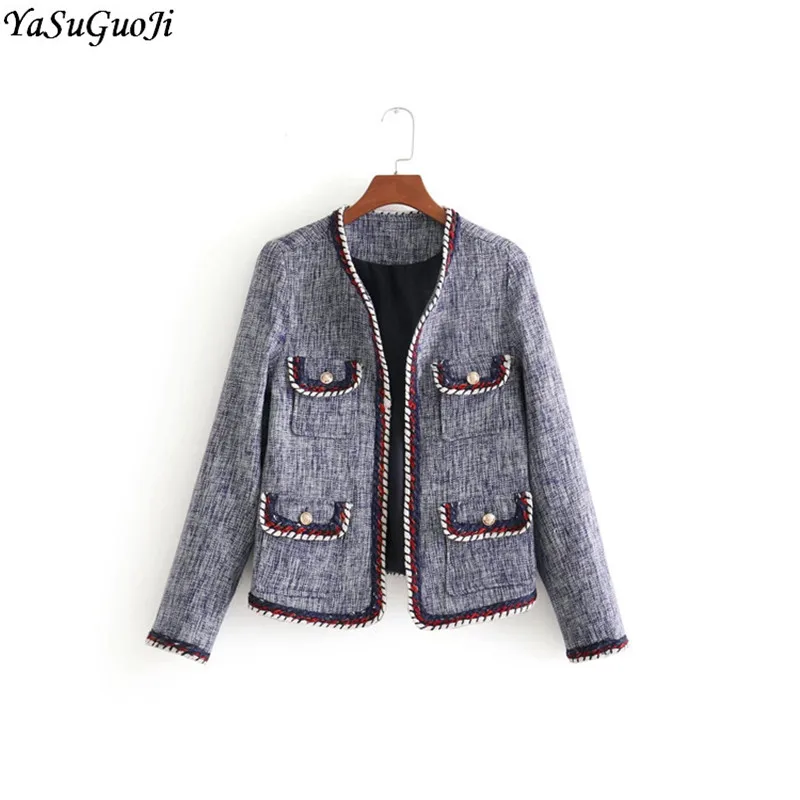 

YSGJ new 2018 autumn fashion more pocket design knitted blazer women chaqueta mujer slim fit short women blazers and jackets XF