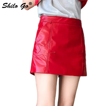 

SHILO GO Leather Skirts Womens Summer Fashion sheepskin genuine leather Skirts high waist Star Embroidery England A Line skirts