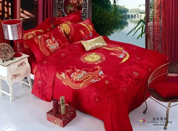Красный дракон китайская тематика "Счастье для двоих" набор свадебного постельного белья Королева размер пододеяльник покрывало кровать в сумке простыня одеяло спальня хлопок