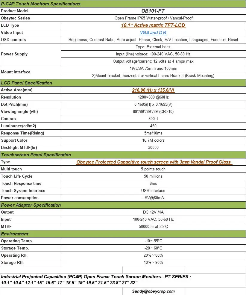 Obeytec 10," открытая рамка проецируемые емкостные сенсорные мониторы, 5 точек касания, 3 мм Антивандальная сенсорная панель, 1280*800