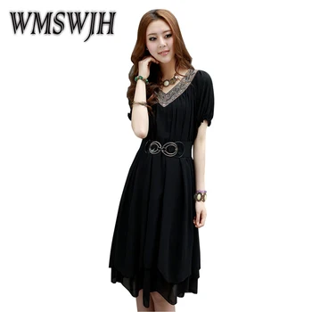 

WMSWJH 2019 Summer New Loose Large Size Women's Stitching Chiffon Dress Fashion V-neck Short Sleeve Simple Giant Swing Dress