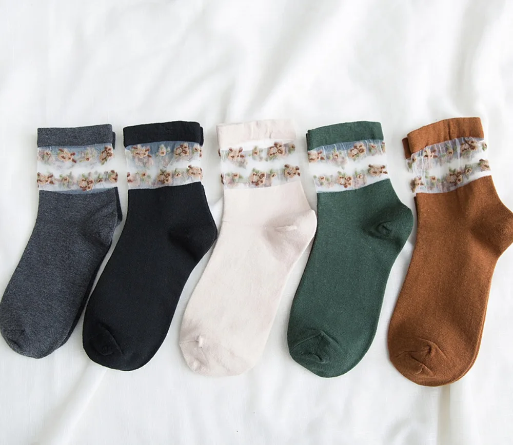 

Women Cotton Fashionable Spring Autumn Cute Mesh Patchwork Flower Crew Socks Jacquard Striped Japanese Korean Casual Street