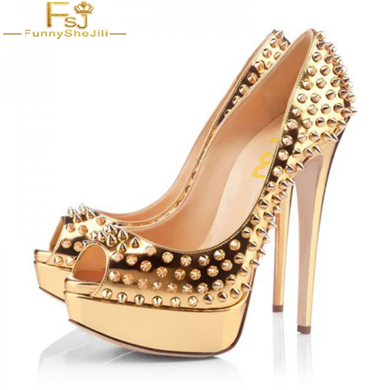 

FSJ Summer 2018 Retro Women's Golden Rivets Stiletto Pumps Heels Platform Stripper Heels Party Dress Evening Shoes Mujer Studded