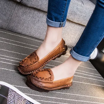 

Handmade Vintage Women Shoes Genuine Leather Female Moccasins Loafers Soft Cow Muscle Outsole Casual Shoes Flats Plus Size