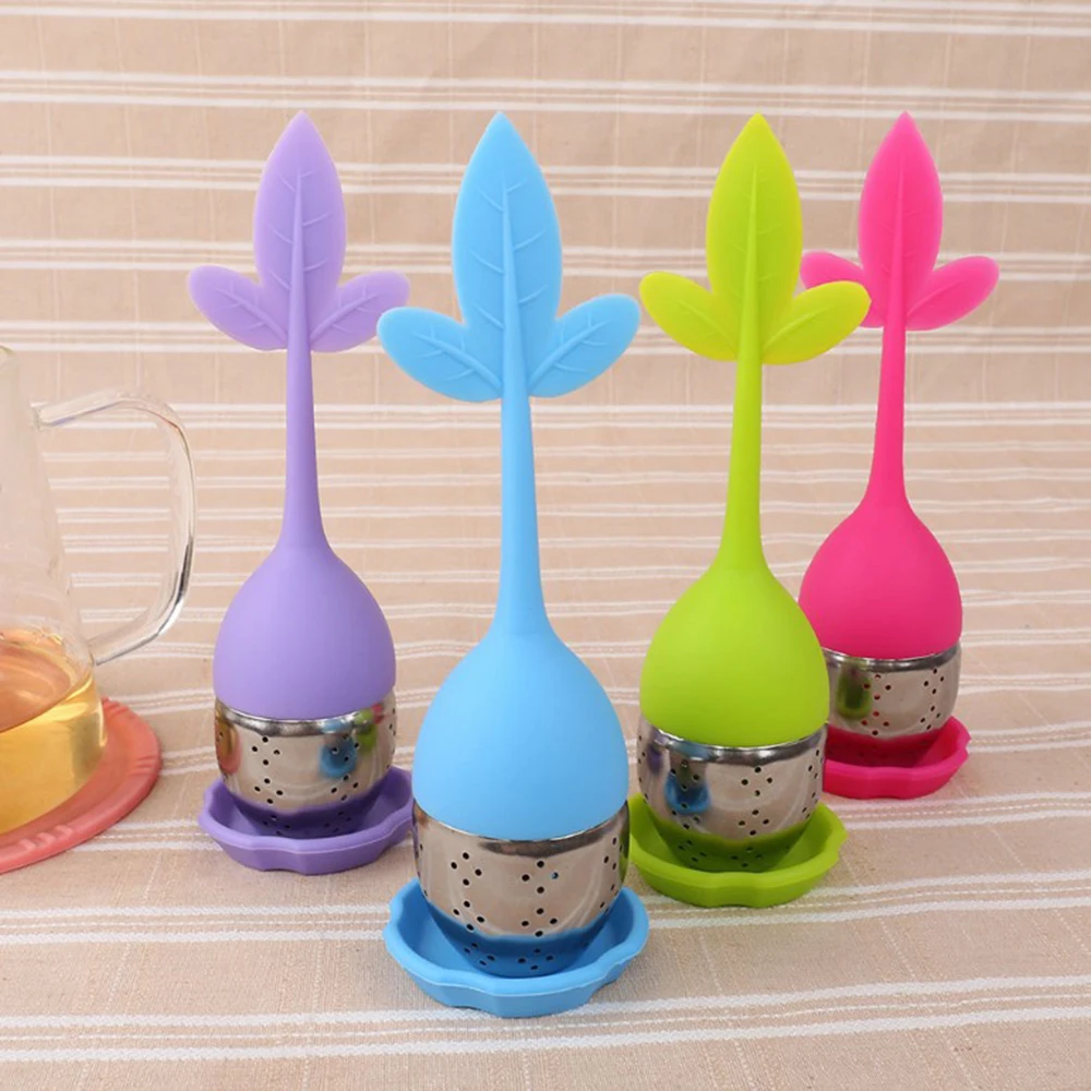 

silicone and stainless steel Tea InfuserTea Strainer Sweet Leaf with Drip Tray Novelty Tea Ball Herbal Spice Filter Tea Tool