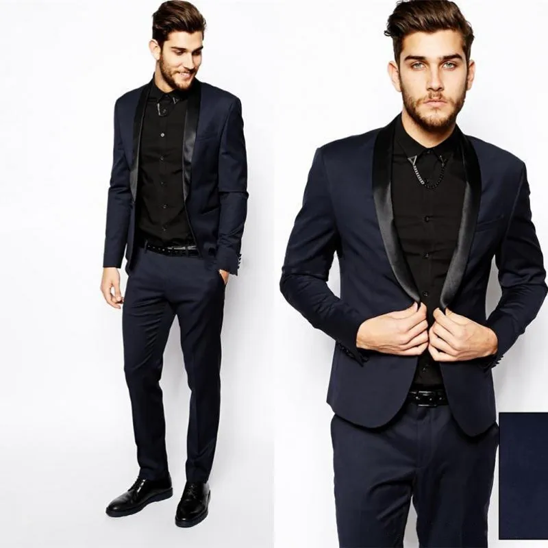 

Cheap Navy Blue Wedding Suit for Men Shawl Lapel Groom Tuxedos (Jacket+Pants+tie) One Button Mens Suits Best Men Suits Custom