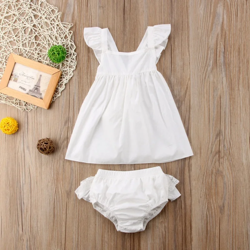 

Toddler Baby Girls Infant Outfits Kids Bow Shirts Top & Shorts Pants 2pcs Outfit Baby Girl Sleeveless Ruffles Romper White