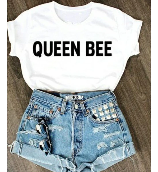 Queen Bee Письмо печати футболки 2017 Повседневная футболка женская одежда короткий рукав o-образным вырезом летние топы белого цвета футболка Camisetas Mujer