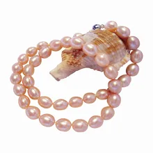Eternal wedding Women 925 Sterling silver real Rice shaped 10-11 mm natural pearl necklace genuine strong light, almost