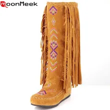 MoonMeek/Новинка; модная обувь на плоской подошве в богемном стиле с кисточками; сапоги до колена из нубука; женские сапоги из искусственной кожи; сезон осень-зима; женские высокие сапоги