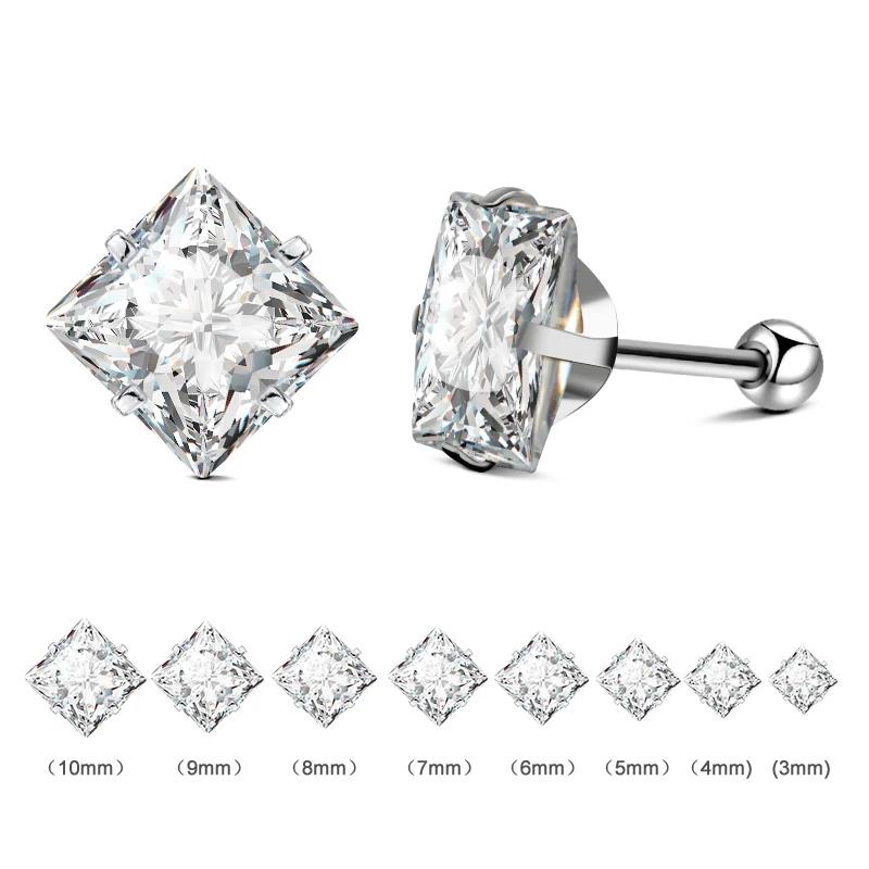 

Wholesale 10Pairs/Lot 316L Stainless Surgical Steel Earrings Square CZ AAA Screw Earrings 3MM-10MM Clear Stud Earrings