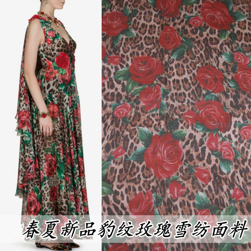 

Summer new leopard rose chiffon printing apparel fabric handmade DIY holiday dress shirt fabric high fashion printed cloth