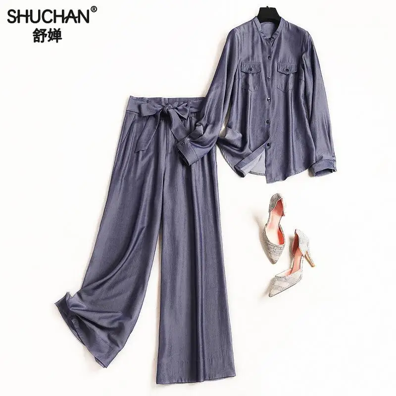 

Shuchan New Casual 2 Piece Set Women Newest Womens Designer Suit Single Breasted Tops+ Full Length Pants Conjunto Feminino