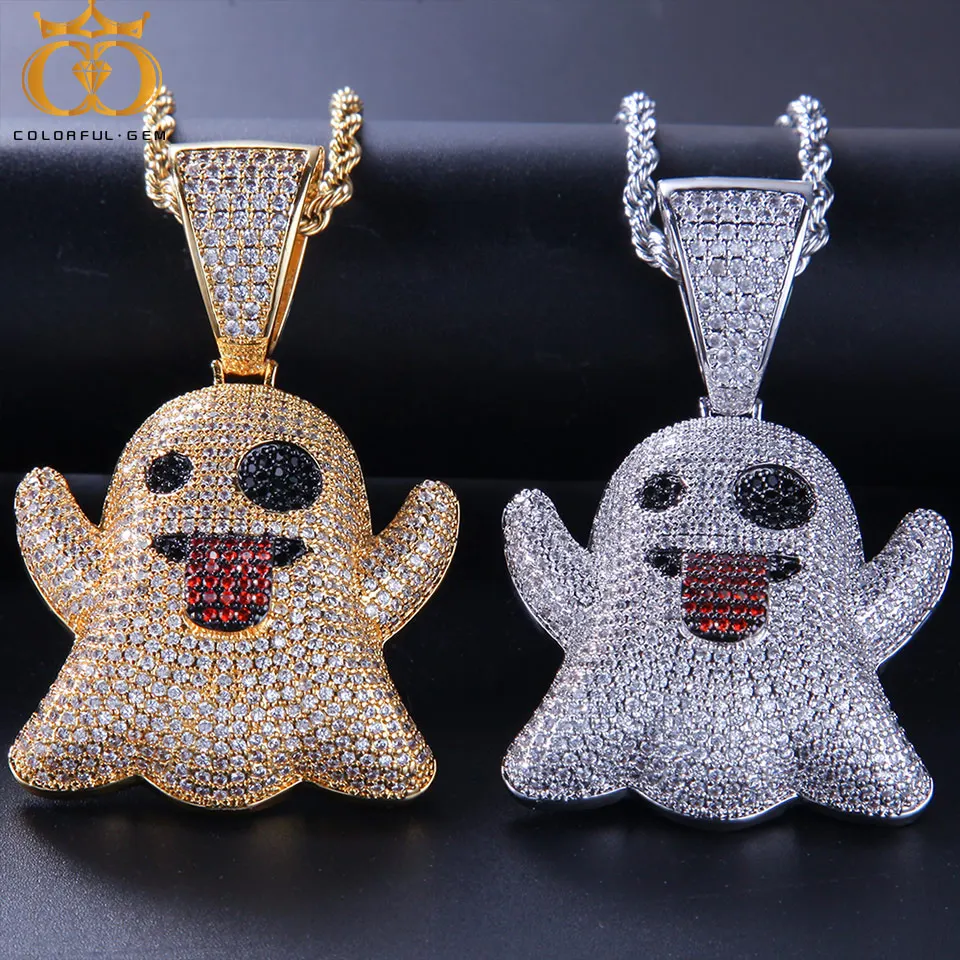 

Hip Hop Iced Out Cubic Zircon Emoji Ghost Pendant Necklace Copper Rope/Cuban Chain Gold Silver Color Men Women Jewelry Gifts