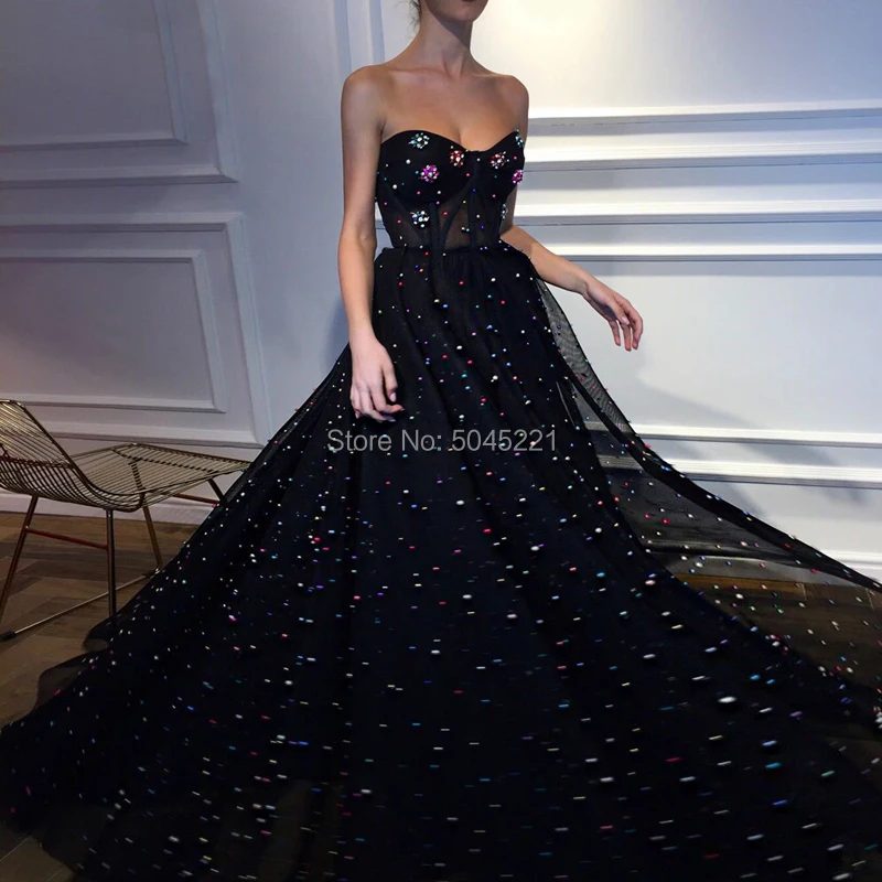 

Black Arabic Evening Dresses 2019 Sweetheart Lace Up Colorful Pearls Dubai Party Formal Prom Gowns Dress Vestido Formatura Longo