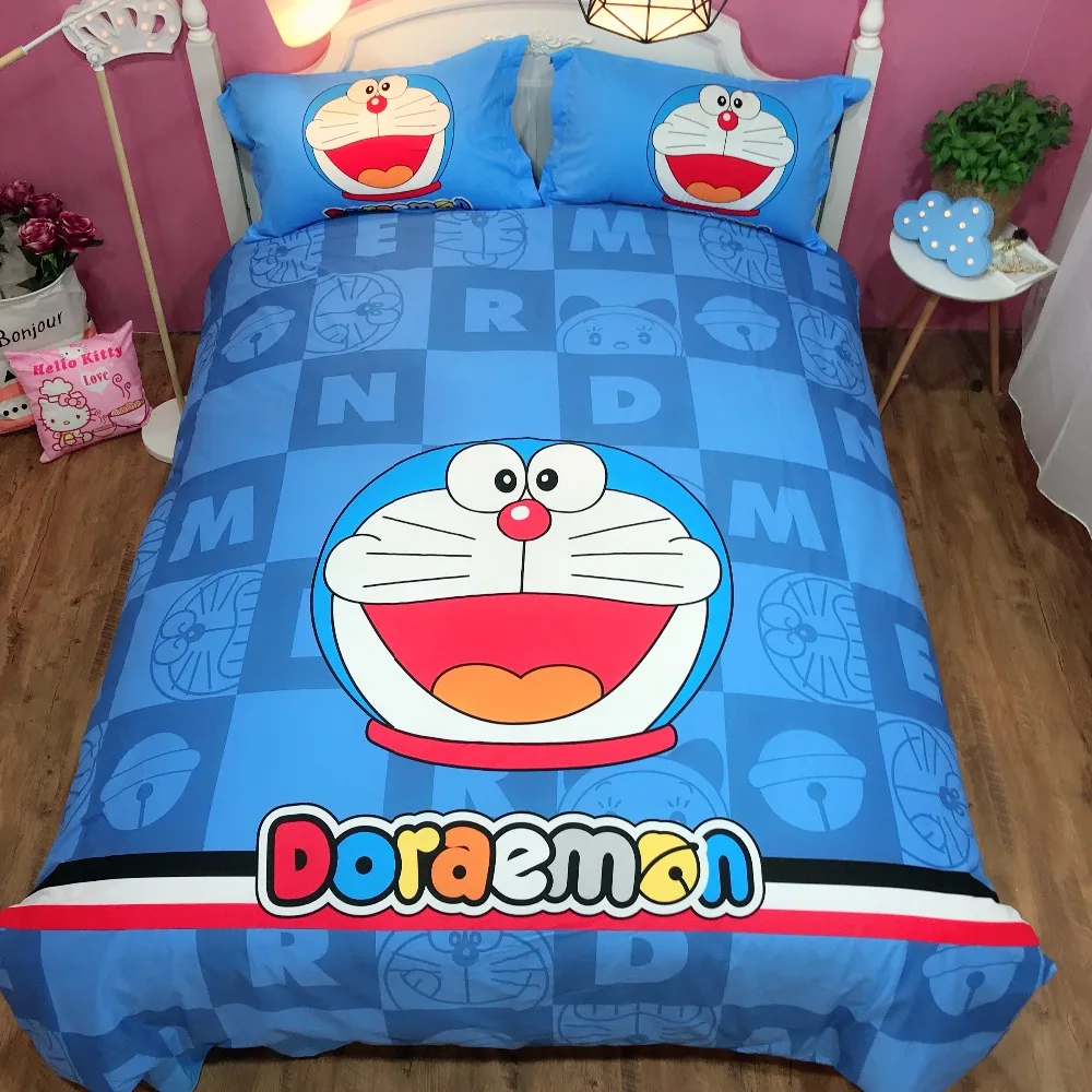 3D colorful blue white Stripes Doraemon Cartoon Bedding Sets Kids boys