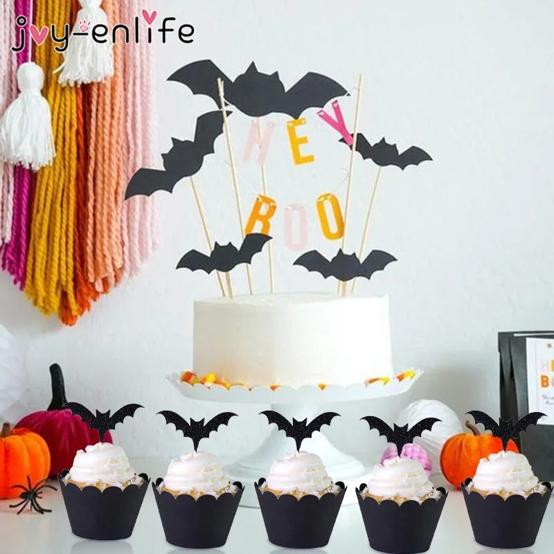 

24pcs Halloween Cake Toppers Bat Cupcake Wrappers Flags Home Hallowmas All Saints' Day Party Cake Decorating Supplies