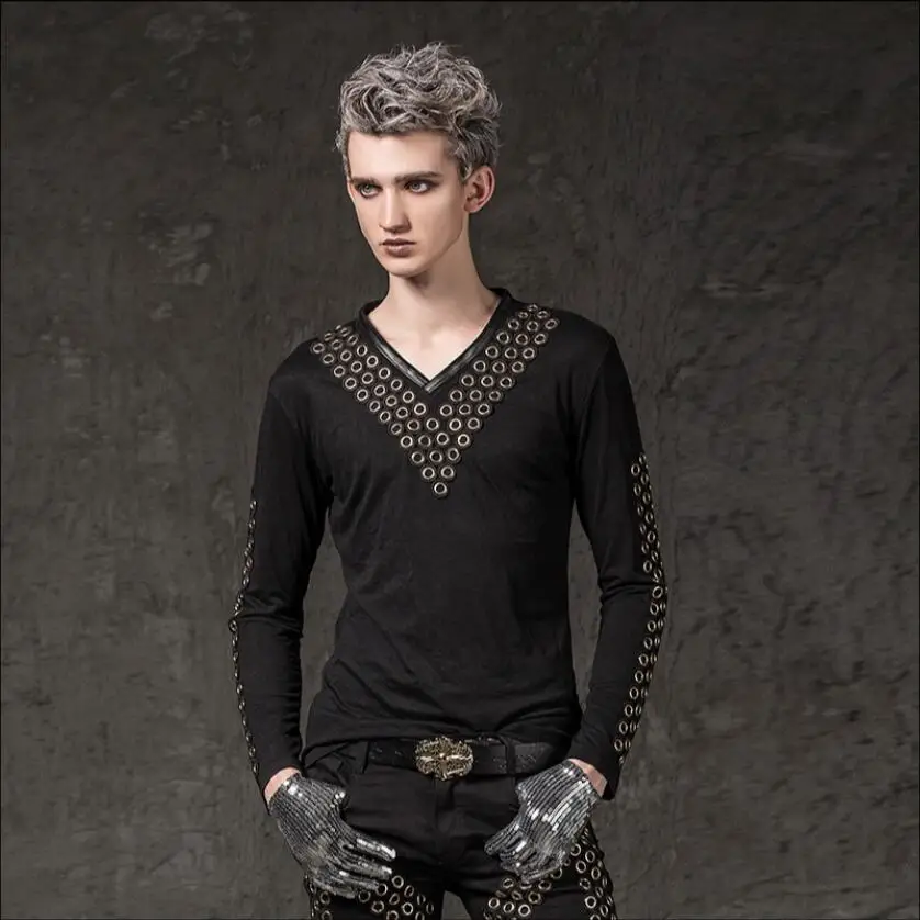 

T-shirt Men's Punk Rivet V-neck Long Sleeve T-shirt Influx Men's Slim Male Singer Hairstylist Nightclub Stage Costumes