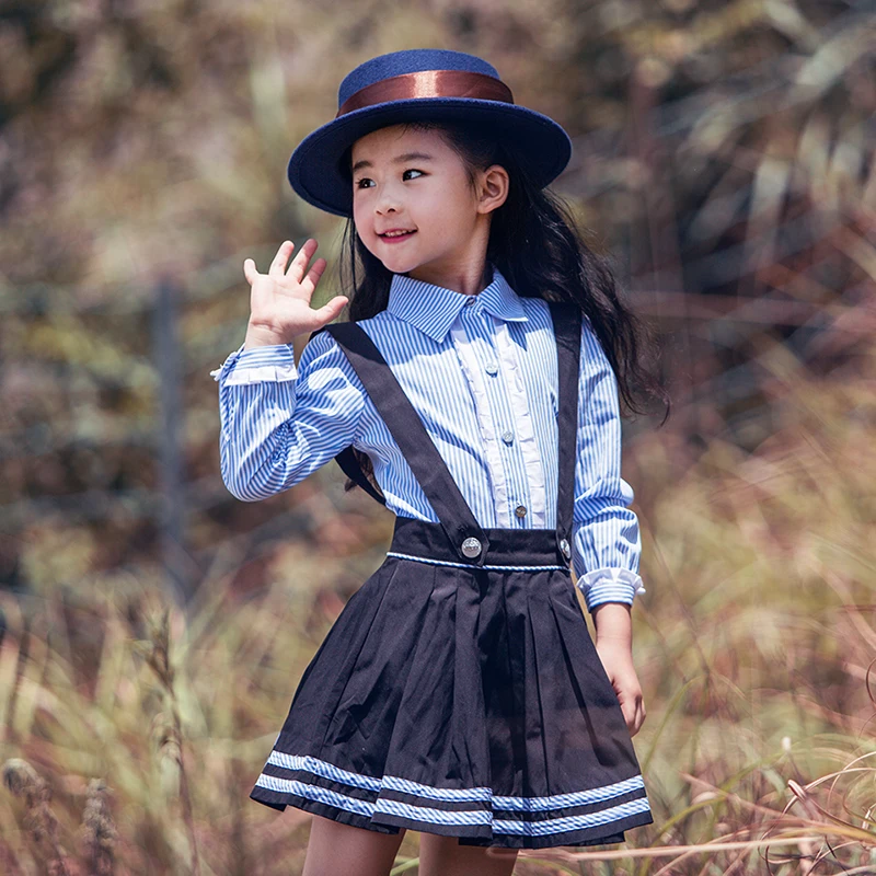 

Girls' Autumn 2018 Long Sleeves Skirt With shirts set Overalls Stripe Children Clothes Size 110-160