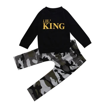 

2pcs Toddler Infant Kid Baby Boys Fall Outfit Long Sleeve Black Sweatshirt Pullover Camouflage Pants Gold Letter Lil King