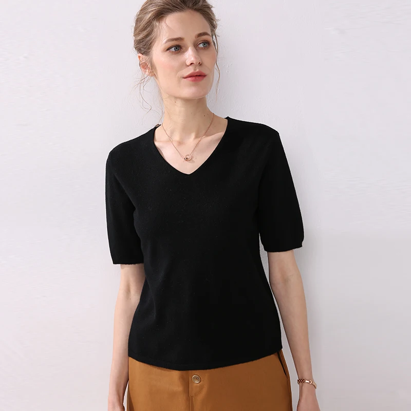 Осенние женские футболки с коротким рукавом с v-образным вырезом Летние Короткие повседневные однотонные Модные женские вязаные свитера Топы Футболки