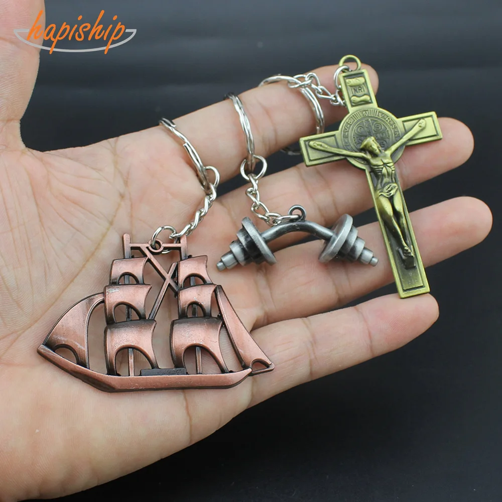 

Hapiship 2018 New Women/Men's Fashion Jewelry Vintage Alloy Tone Cross sailing Key Chains Key Rings Alloy Charms Gifts YSEH00