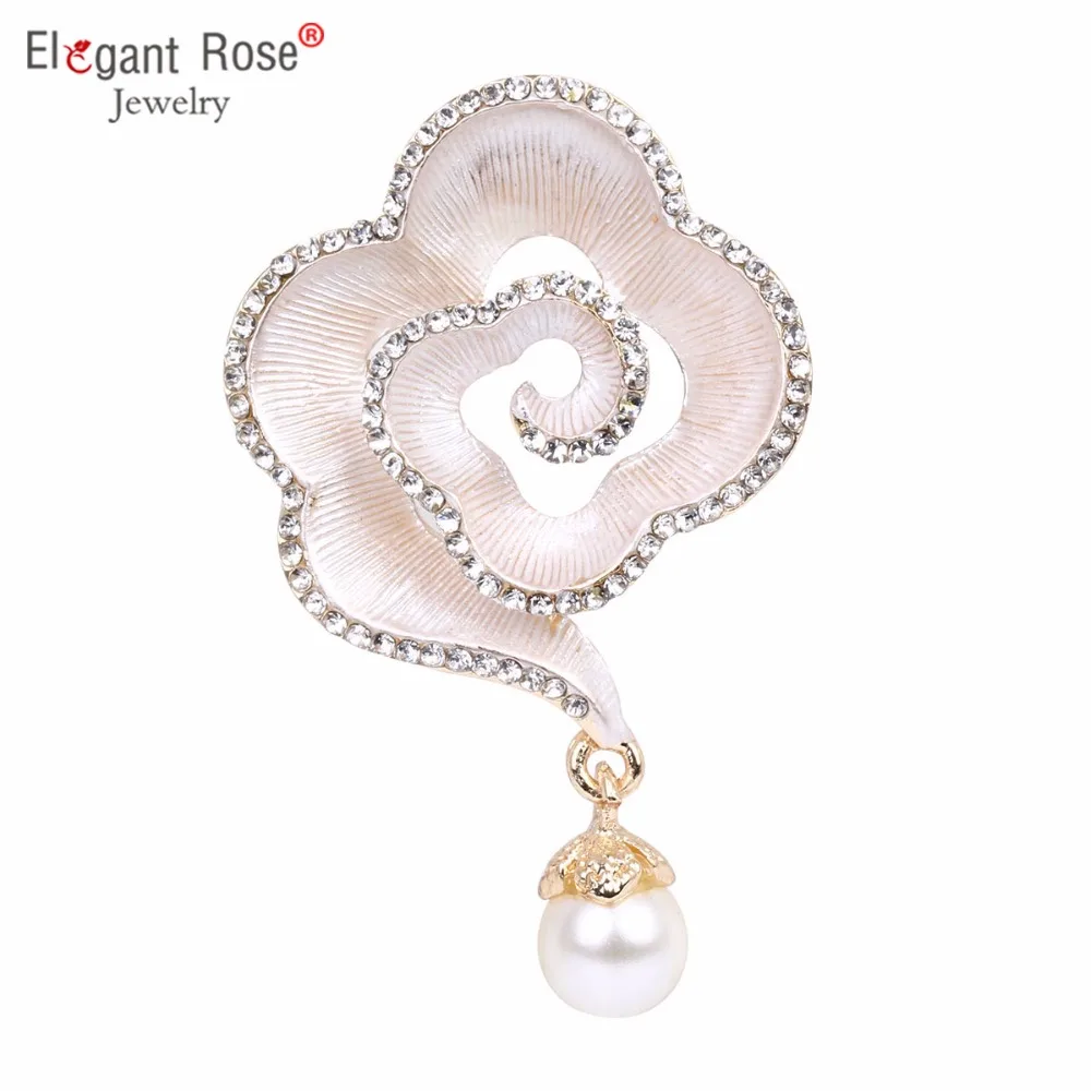 

New Flower Brooch Pins for Lady Beautiful Rose red Green White Around Crystal Brooches Imitate Pearl Jewelry Wholesale XR191