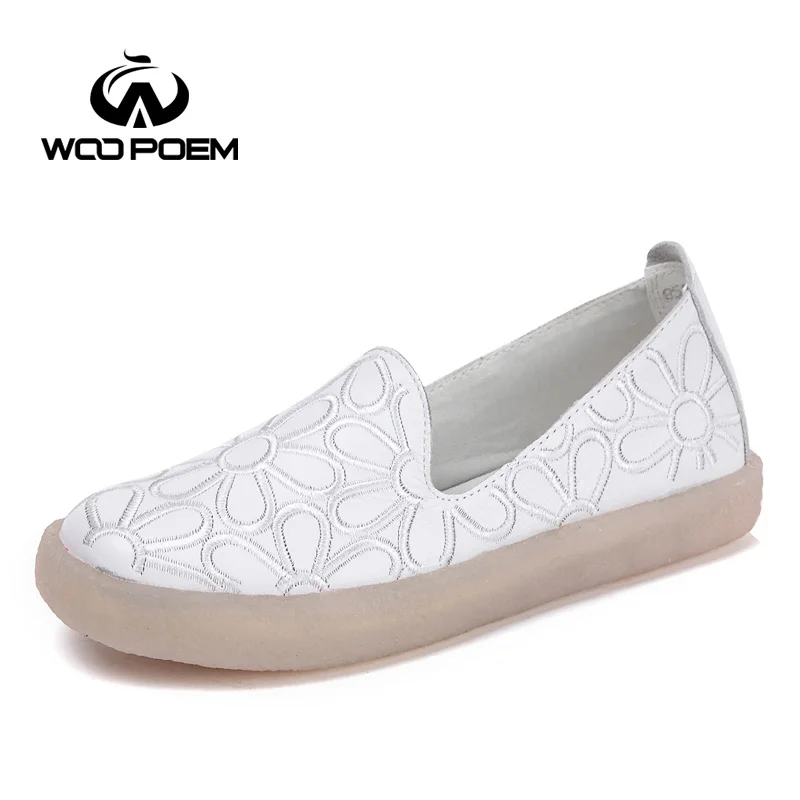

WooPoem Loafers Shoes Woman Genuine Leather Flats Slip-On Low Heel Soft Cow Muscle Sole Embroider Women Shoes White Shoes 8515