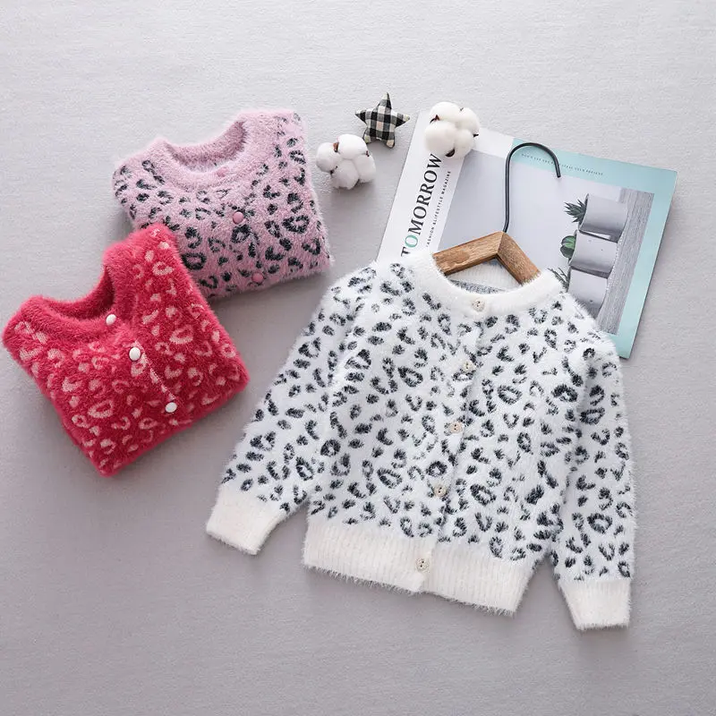 

Autumn Baby Girls Leopard Print Long Sleeve Fleece Velvet Knitwear Sweaters Kids Children Cardigans Knitted Outerwear Coats